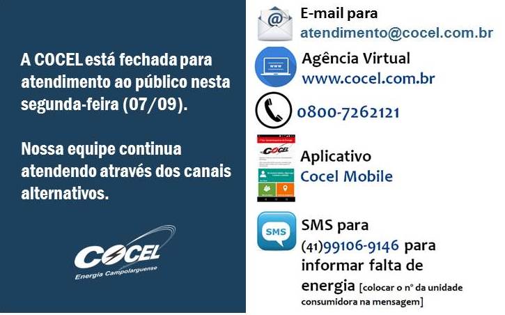 Cocel estará fechada para atendimento ao público em 07/09