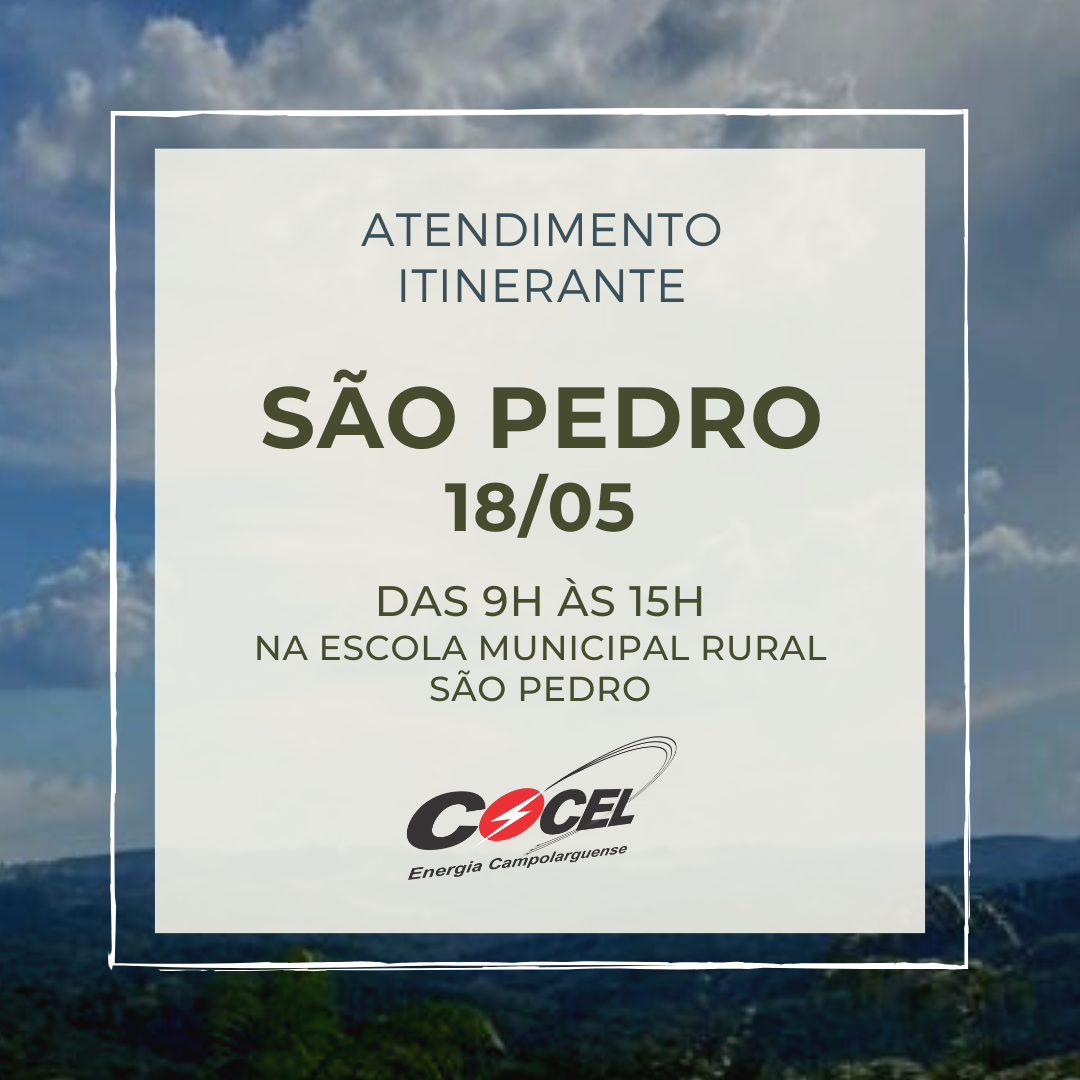 Atendimento itinerante da Cocel estará em São Pedro em 18/05