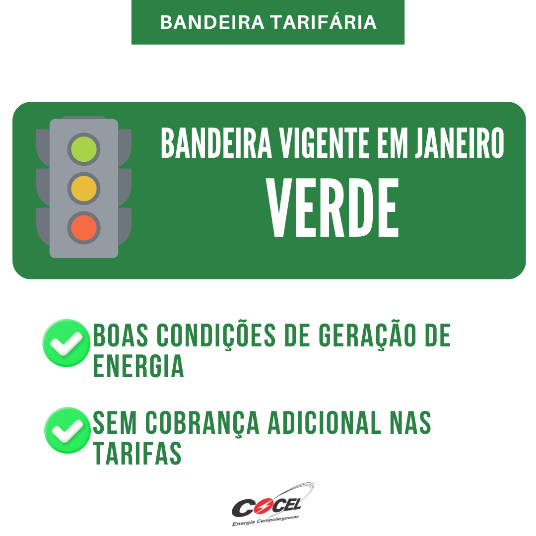 Bandeira tarifária vigente em janeiro é a verde